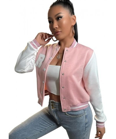 Women's Casual Button Down Long Sleeve Letter Print Jacket Outerwear Pink $24.50 Jackets