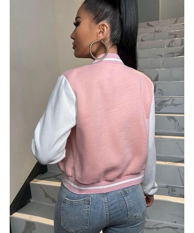 Women's Casual Button Down Long Sleeve Letter Print Jacket Outerwear Pink $24.50 Jackets