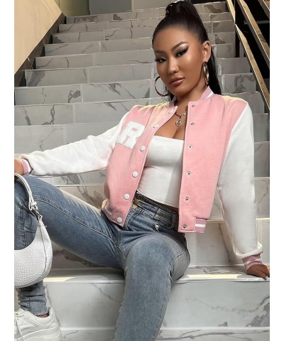 Women's Casual Button Down Long Sleeve Letter Print Jacket Outerwear Pink $24.50 Jackets