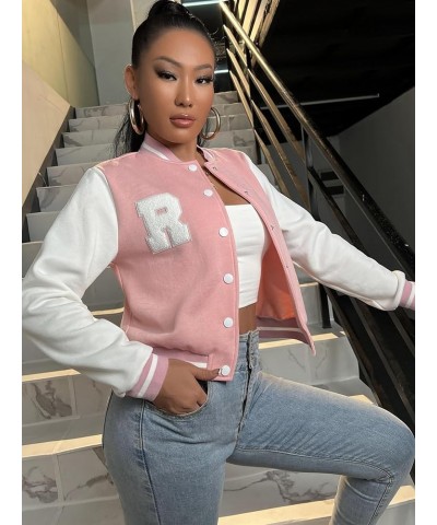 Women's Casual Button Down Long Sleeve Letter Print Jacket Outerwear Pink $24.50 Jackets