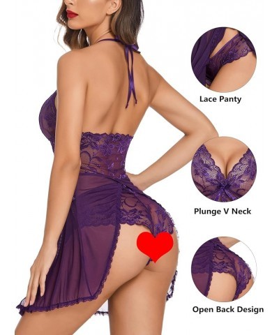 Lingerie for Women Lace Babydoll Halter Chemise V Neck Nightgown Sexy Sleepwear Nightdress Purple $12.17 Lingerie