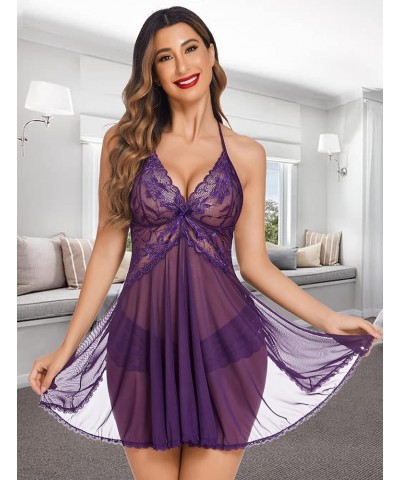 Lingerie for Women Lace Babydoll Halter Chemise V Neck Nightgown Sexy Sleepwear Nightdress Purple $12.17 Lingerie