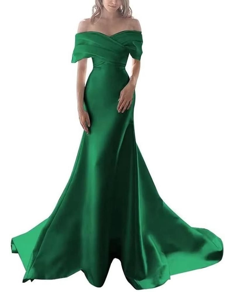 Off Shoulder Mermaid Prom Dresses for Women Satin Long Wedding Dresses for Bride Ruched Formal Evening Gowns Dark Green $32.2...