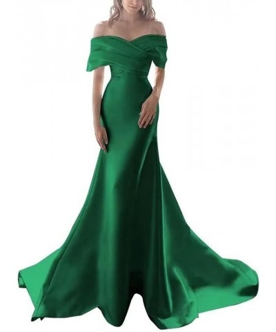 Off Shoulder Mermaid Prom Dresses for Women Satin Long Wedding Dresses for Bride Ruched Formal Evening Gowns Dark Green $32.2...