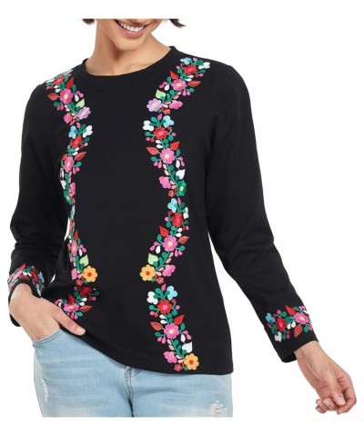 Mexican Long Sleeve Shirts for Women Peasant Embroidered Blouse Floral Traditional T-Shirt Boho Tee Y719bk $14.85 Blouses