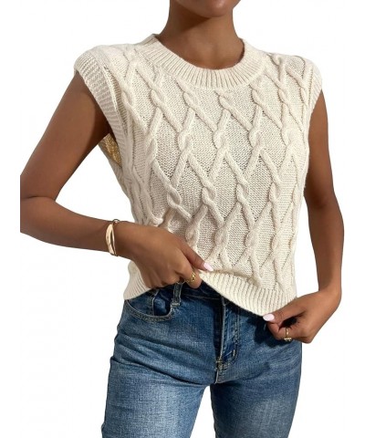 Women's Cable Knit Cap Short Sleeve Sweater Round Neck Knit Pullover Sweater Vest Apricot $12.99 Sweaters