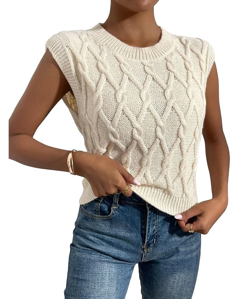 Women's Cable Knit Cap Short Sleeve Sweater Round Neck Knit Pullover Sweater Vest Apricot $12.99 Sweaters