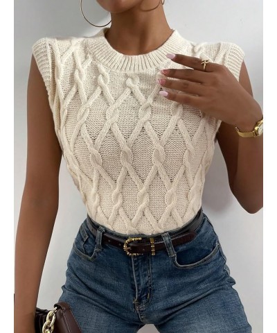 Women's Cable Knit Cap Short Sleeve Sweater Round Neck Knit Pullover Sweater Vest Apricot $12.99 Sweaters