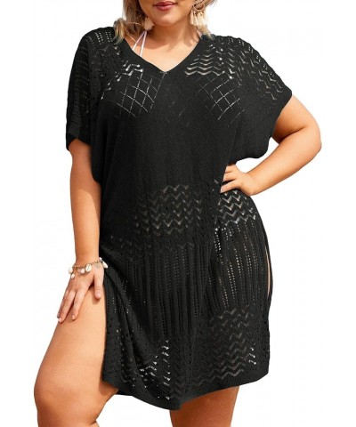 Plus Size Swimsuit Coverups Women Split Hem Crochet Cover Ups Swimwear Cool Pullover Bathing Suit Cover Up Beach Black $15.18...