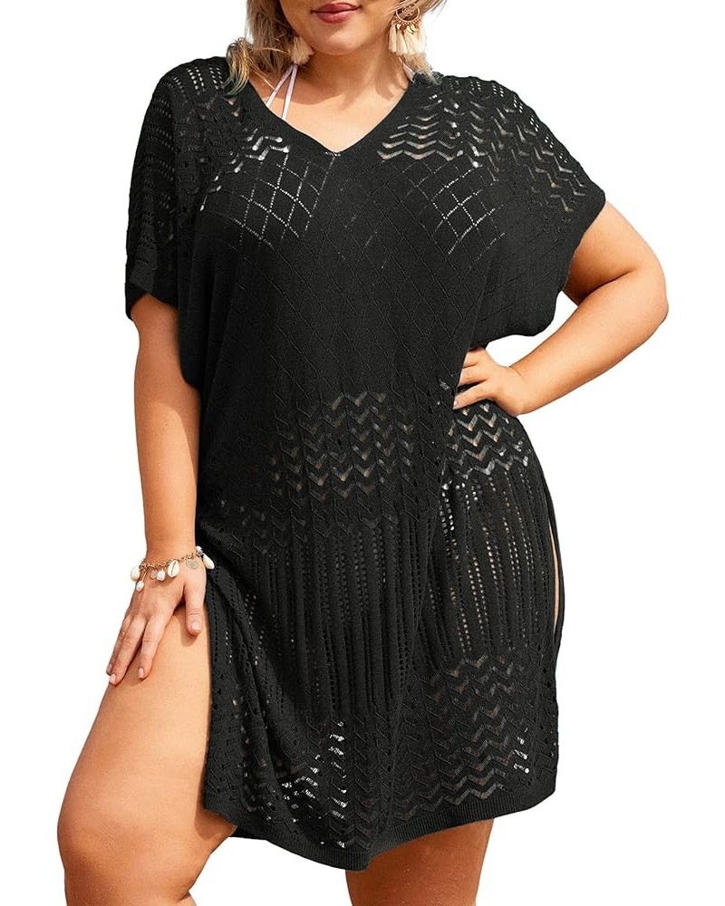 Plus Size Swimsuit Coverups Women Split Hem Crochet Cover Ups Swimwear Cool Pullover Bathing Suit Cover Up Beach Black $15.18...