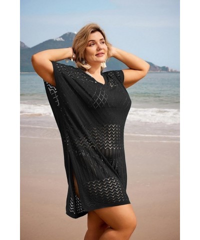 Plus Size Swimsuit Coverups Women Split Hem Crochet Cover Ups Swimwear Cool Pullover Bathing Suit Cover Up Beach Black $15.18...