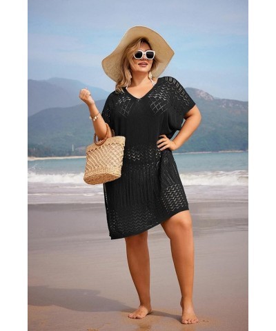 Plus Size Swimsuit Coverups Women Split Hem Crochet Cover Ups Swimwear Cool Pullover Bathing Suit Cover Up Beach Black $15.18...