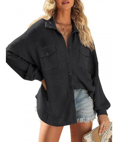 Womens Waffle Knit Shackets Oversized Button Down Shirts Jackets Blouse Loose Fit Long Sleeve Fall Tops 2023 Black $11.75 Blo...