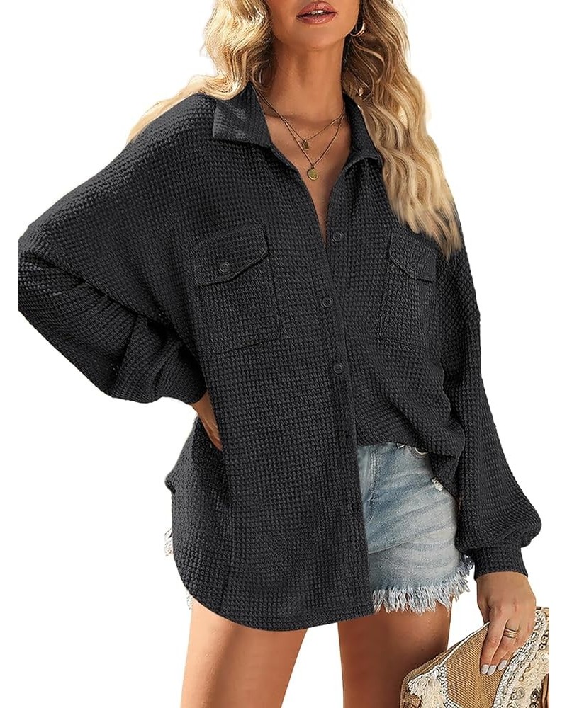 Womens Waffle Knit Shackets Oversized Button Down Shirts Jackets Blouse Loose Fit Long Sleeve Fall Tops 2023 Black $11.75 Blo...