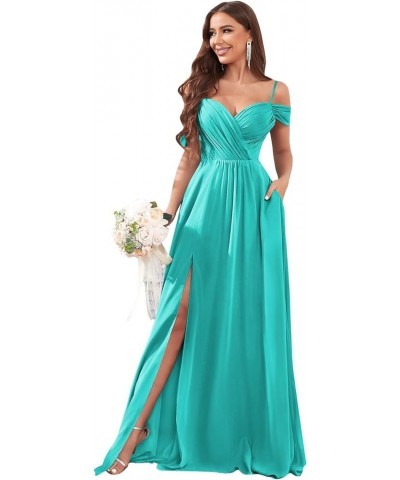 Women's Off The Shoulder Bridesmaid Dresses Long Slit Pleated Chiffon Formal Evening Gowns with Pockets Turquoise $20.50 Dresses