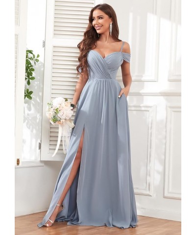 Women's Off The Shoulder Bridesmaid Dresses Long Slit Pleated Chiffon Formal Evening Gowns with Pockets Turquoise $20.50 Dresses