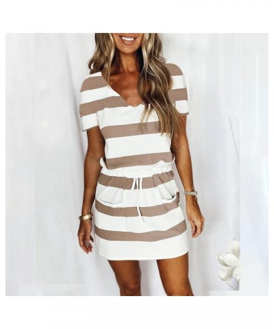 Summer Dress for Women Loose V Neck Striped Drawstring Dress Sets Sleeveless Dress Swing Sling Strap Dress Khaki $8.31 Dresses