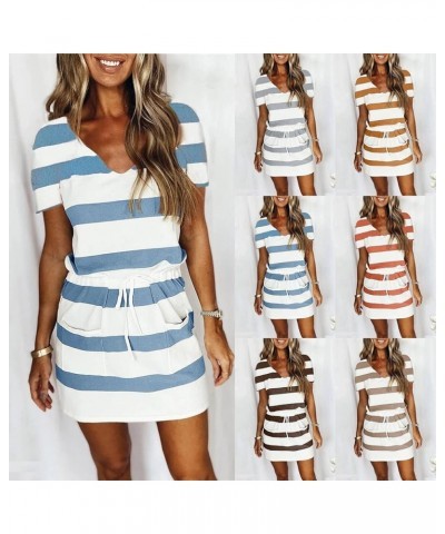 Summer Dress for Women Loose V Neck Striped Drawstring Dress Sets Sleeveless Dress Swing Sling Strap Dress Khaki $8.31 Dresses