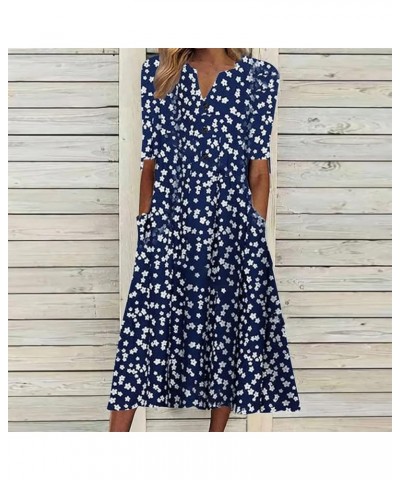 2023 Dresses Women Summer Casual Button Flowy Pleated Short Sleeve V-Neck Knee Length Midi Dress Beach Sundress A1blue $10.20...