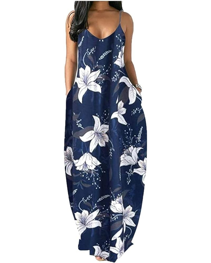 Women's Sexy Maxi Long Dresses Casual Spaghetti Strap Floor Length Plus Size Long Sundress with Pockets Blue Floral $14.69 Dr...