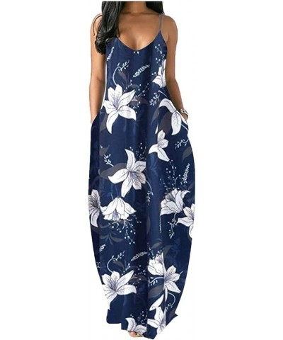 Women's Sexy Maxi Long Dresses Casual Spaghetti Strap Floor Length Plus Size Long Sundress with Pockets Blue Floral $14.69 Dr...