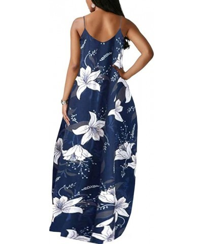 Women's Sexy Maxi Long Dresses Casual Spaghetti Strap Floor Length Plus Size Long Sundress with Pockets Blue Floral $14.69 Dr...