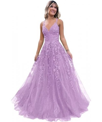 Glitter Tulle Prom Dresses Long Lace Appliqued Sparkly Corset Formal Evening Party Gown Lilac $29.24 Dresses