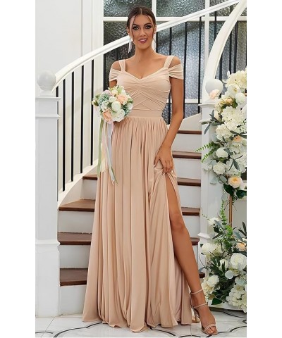 Off The Shoulder Bridesmaid Dresses Long for Wedding Chiffon Maid of Honor Dress V Neck Evening Gowns with Slit Teal $33.79 D...