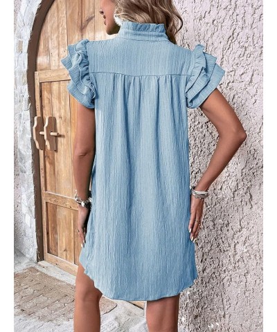 Women's V Neck Ruffle Cap Sleeve Tunic Mini Dress Deep V Neck Loose Summer Dresses Plain Light Blue $19.35 Skirts