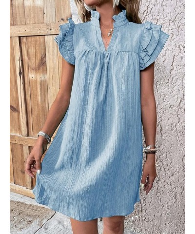 Women's V Neck Ruffle Cap Sleeve Tunic Mini Dress Deep V Neck Loose Summer Dresses Plain Light Blue $19.35 Skirts