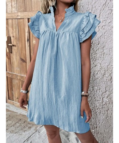 Women's V Neck Ruffle Cap Sleeve Tunic Mini Dress Deep V Neck Loose Summer Dresses Plain Light Blue $19.35 Skirts