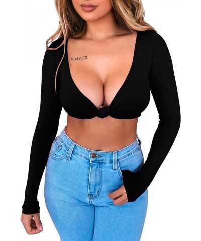 Women's Long Sleeve Sexy Deep V Ncek Elastic Knot Leisure Crop Top Black $9.17 T-Shirts