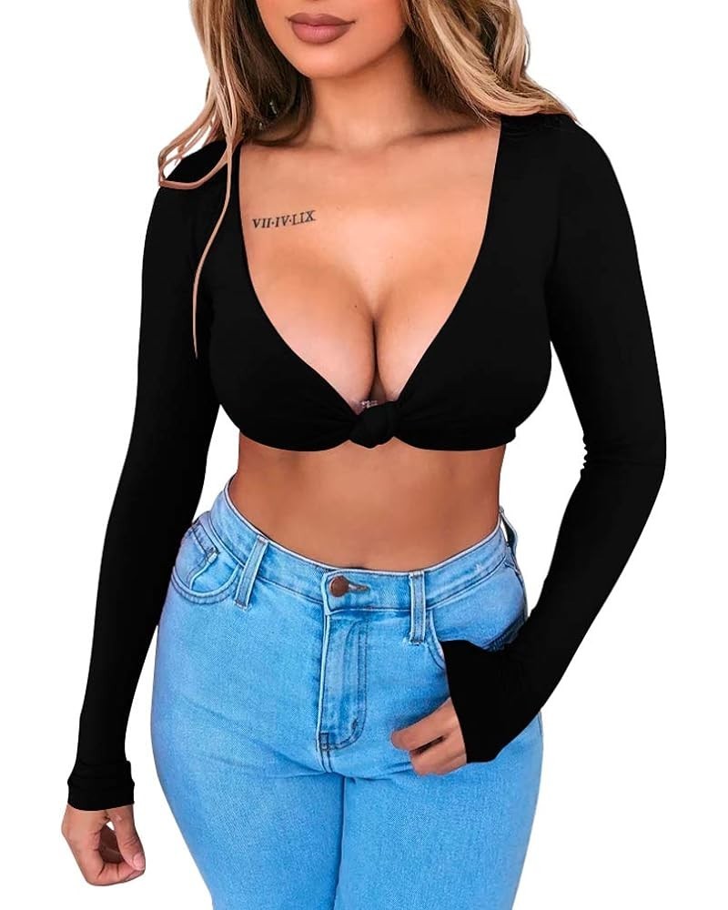 Women's Long Sleeve Sexy Deep V Ncek Elastic Knot Leisure Crop Top Black $9.17 T-Shirts