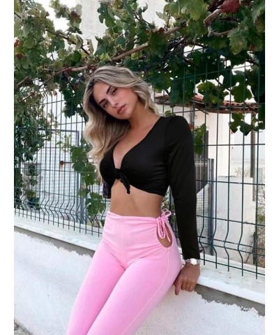 Women's Long Sleeve Sexy Deep V Ncek Elastic Knot Leisure Crop Top Black $9.17 T-Shirts