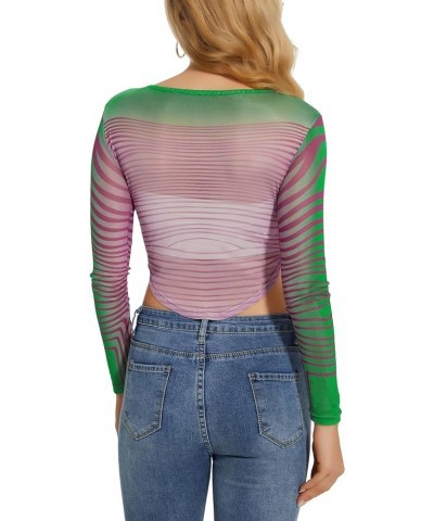 Women's Mesh Tops See Through Shirts Short Sleeve Long Sleeve Bodycon Sheer Blouse Clubwear 01 Stripe Green Purple $7.64 Blouses