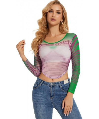 Women's Mesh Tops See Through Shirts Short Sleeve Long Sleeve Bodycon Sheer Blouse Clubwear 01 Stripe Green Purple $7.64 Blouses