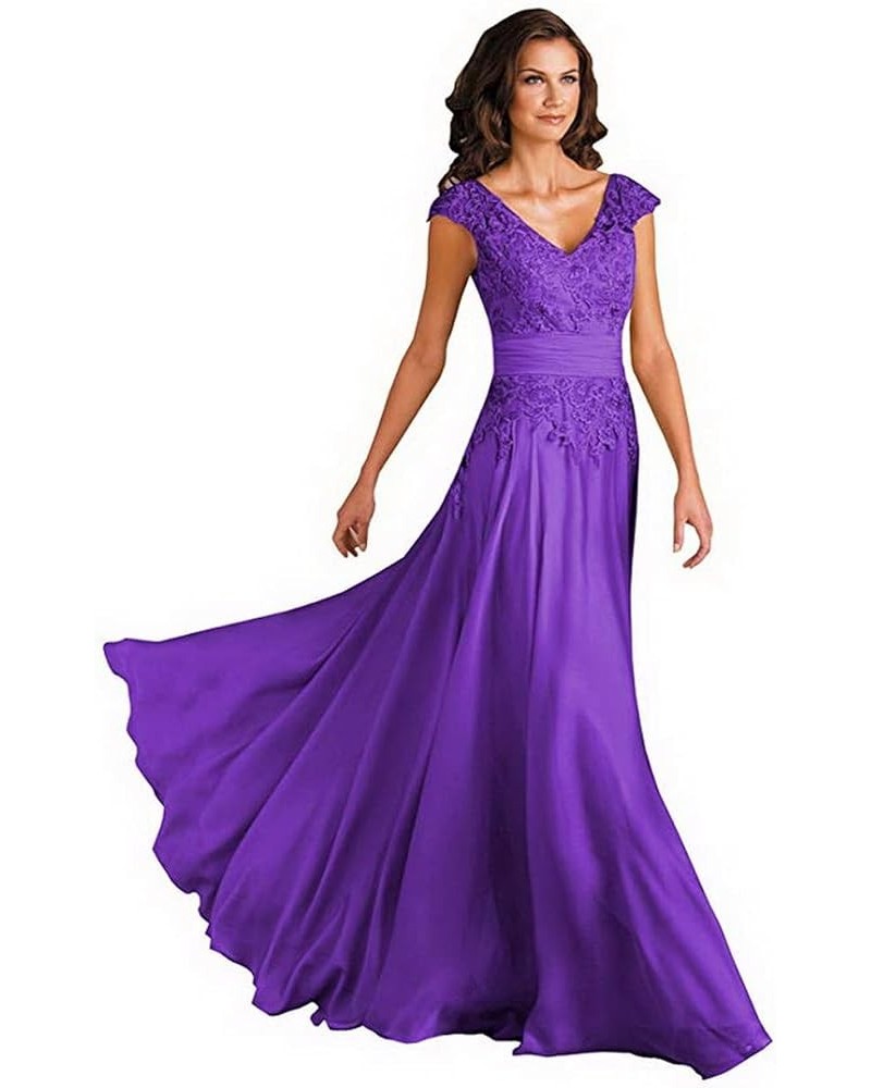 Women's V Neck Mother of The Bride Dresses with Sleeves Chiffon Long Lace Formal Evening Dress for Wedding Guest Purple $40.5...