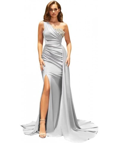 Women's One Shoulder Mermaid Bridesmaid Dresses for Wedding Long Satin Bodycon Prom Formal Evening Gowns with Slit 822 Silver...