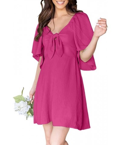 Womens Dresses 2024 Spring Summer Deep V Neck Elegant Bow tie Mini Dress S-XL Rose Red $17.93 Dresses