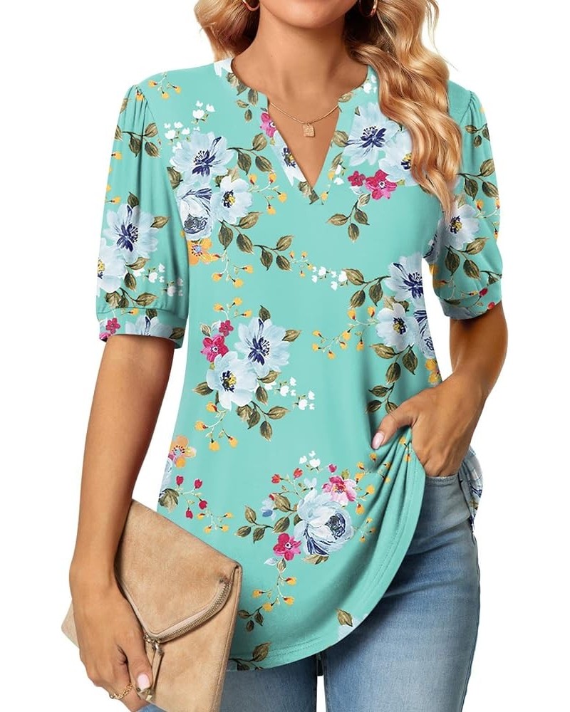 Womens Summer Puff Short Sleeve Tops Dressy Casual V-Neck T-Shirts Cute Blouse for Work Mint Green $17.97 Blouses