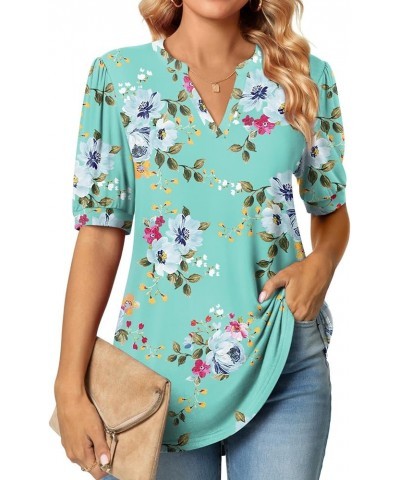 Womens Summer Puff Short Sleeve Tops Dressy Casual V-Neck T-Shirts Cute Blouse for Work Mint Green $17.97 Blouses