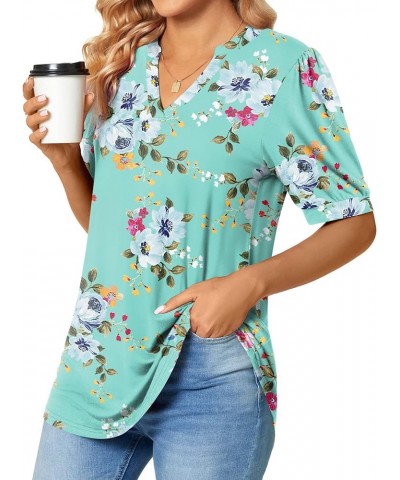 Womens Summer Puff Short Sleeve Tops Dressy Casual V-Neck T-Shirts Cute Blouse for Work Mint Green $17.97 Blouses