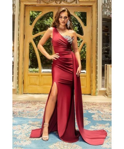 Women's One Shoulder Mermaid Bridesmaid Dresses for Wedding Long Satin Bodycon Prom Formal Evening Gowns with Slit 822 Silver...