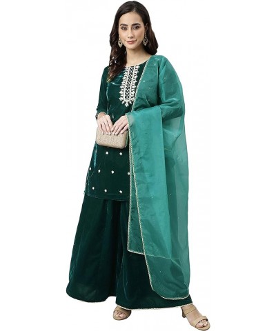 Women's Day Dark Green Velvet Floral Embroidery Kurta with Flared Palazzo and Dupatta Dark Green $31.50 Tops