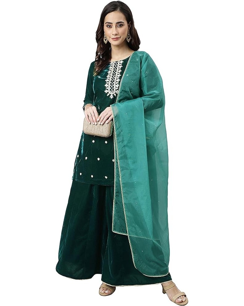 Women's Day Dark Green Velvet Floral Embroidery Kurta with Flared Palazzo and Dupatta Dark Green $31.50 Tops