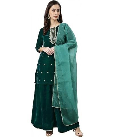 Women's Day Dark Green Velvet Floral Embroidery Kurta with Flared Palazzo and Dupatta Dark Green $31.50 Tops