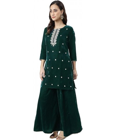 Women's Day Dark Green Velvet Floral Embroidery Kurta with Flared Palazzo and Dupatta Dark Green $31.50 Tops