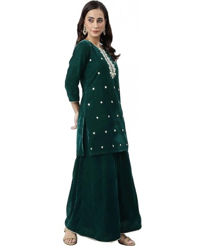 Women's Day Dark Green Velvet Floral Embroidery Kurta with Flared Palazzo and Dupatta Dark Green $31.50 Tops