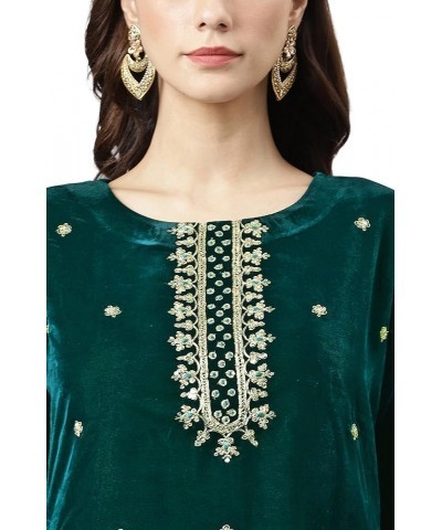 Women's Day Dark Green Velvet Floral Embroidery Kurta with Flared Palazzo and Dupatta Dark Green $31.50 Tops