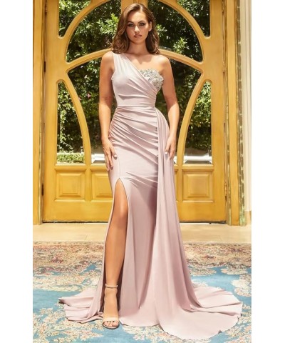 Women's One Shoulder Mermaid Bridesmaid Dresses for Wedding Long Satin Bodycon Prom Formal Evening Gowns with Slit 822 Silver...